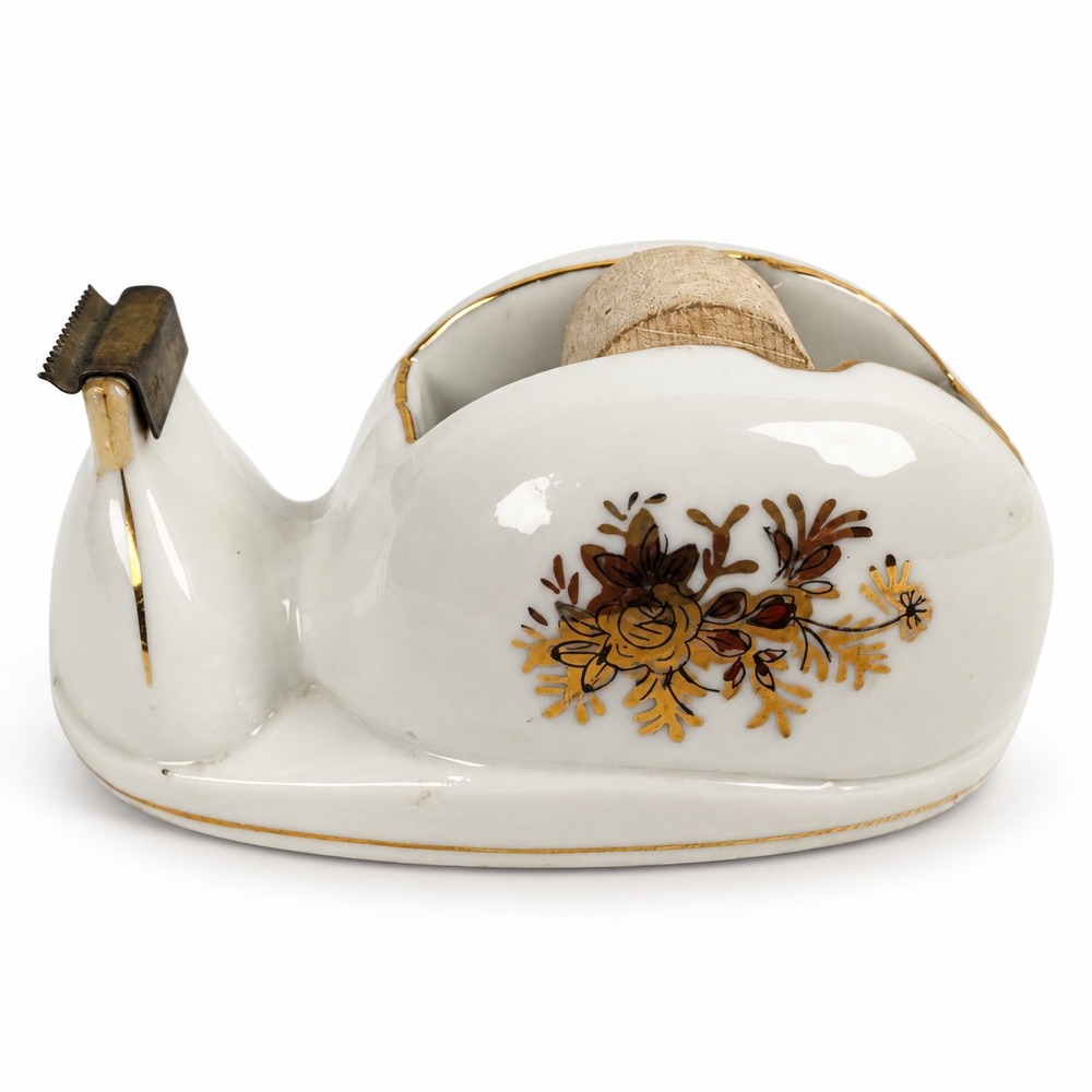 Vintage Ceramic Snail Tape Dispenser White Gold Floral Made in Japan Desk Decor
